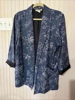 Vintage Kensington Square Blue Floral Open-Front Blazer